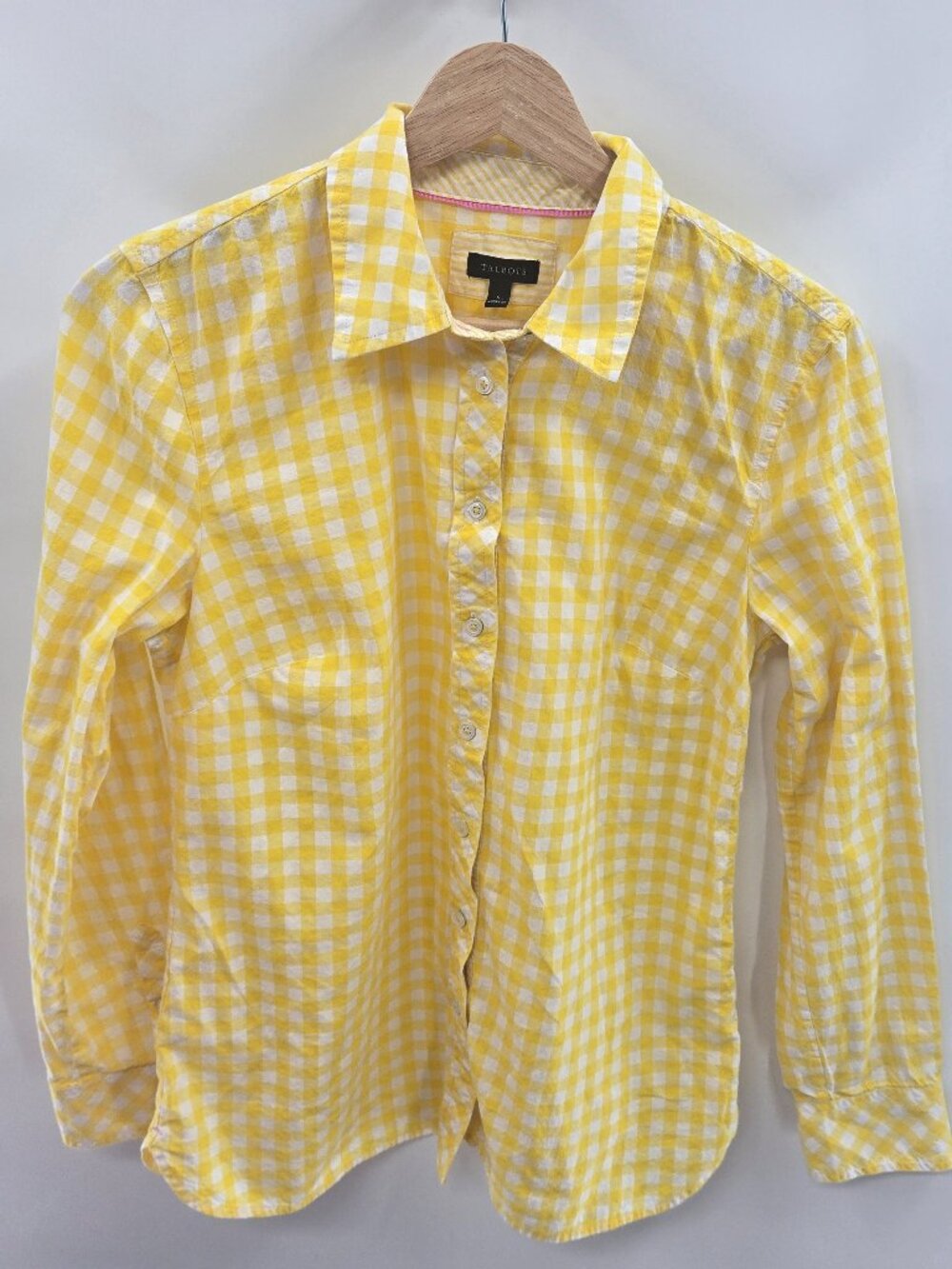 Talbot's White Yellow Gingham Classic Long Sleeved Button Down Shirt Size Small